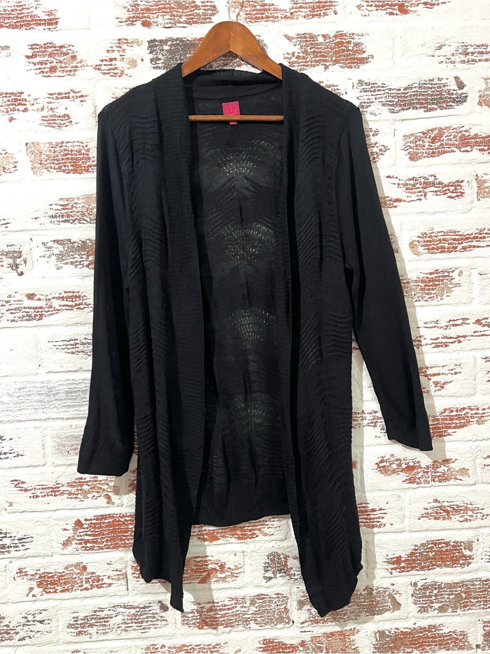 212 Collection Cardigan Open Front Textured Knit Lightweight Sheer Black Sz L